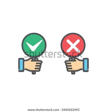 vector design of agree disagree symbol of hands holding a board in green and red colors.
