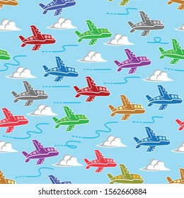 Vector design of aircraft with various colors, blue and cloud backgrounds, can be used for fabrics, textiles, wrapping paper, tablecloths, curtain fabrics, clothing etc.