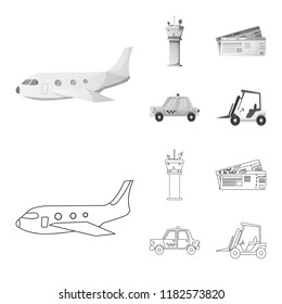 Vector design of airport and airplane icon. Set of airport and plane stock vector illustration.