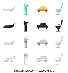 Vector design of airport and airplane icon. Set of airport and plane stock vector illustration.