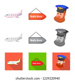 Vector design of airport and airplane icon. Set of airport and plane stock vector illustration.