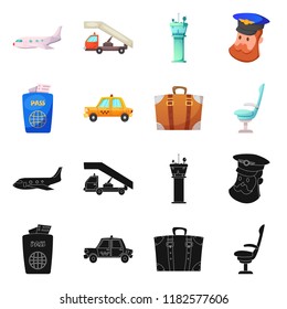 Vector design of airport and airplane sign. Collection of airport and plane stock symbol for web.