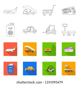 Vector design of airport and airplane sign. Set of airport and plane stock symbol for web.