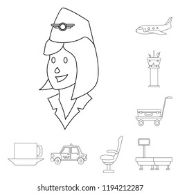 Vector design of airport and airplane sign. Set of airport and plane vector icon for stock.