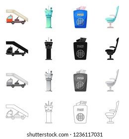 Vector design of airport and airplane sign. Collection of airport and plane stock vector illustration.
