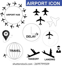 Projeto vetorial do conjunto de ícones do aeroporto ou hub do aeroporto 