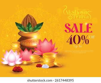 Vector design of Akshaya Tritiya Hindu festival, illustration of golden kalash, flowers, coins, Beautiful 
vector background of traditional festival, Design of Akshaya Tritiya cultural theme.