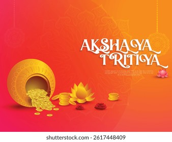 Vector design of Akshaya Tritiya Hindu festival, illustration of golden kalash, flowers, coins, Beautiful 
vector background of traditional festival, Design of Akshaya Tritiya cultural theme.