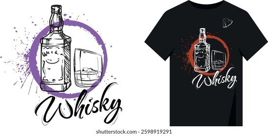 Vector design alcohol in hand drawn brush style, splashes, grunge. Print for t-shirt, bar menu, linear drawing whiskey bottle, glass, paint stains