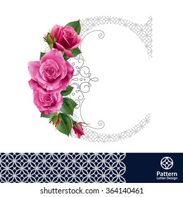 Vector design for alphabet C, Create with vintage pattern and pink rose.
