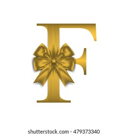 Vector design for alphabet F, Create with Gold gift bow with ribbon. Vector illustration