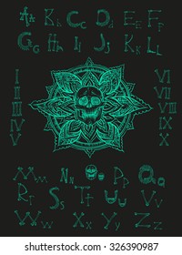 Vector design alphabet. Green letters on a black background.
