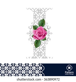 Vector design for alphabet I, Create with vintage pattern and pink rose.