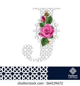 Vector design for alphabet J, Create with vintage pattern and pink rose.