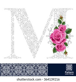 Vector design for alphabet M, Create with vintage pattern and pink rose.