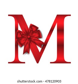 Vector design for alphabet M, Create with Red gift bow with ribbon. Vector illustration.