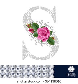 Vector design for alphabet S, Create with vintage pattern and pink rose.