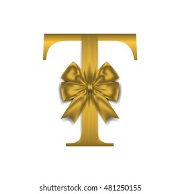 Vector design for alphabet T, Create with Gold gift bow with ribbon. Vector illustration