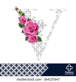 Vector design for alphabet V, Create with vintage pattern and pink rose.