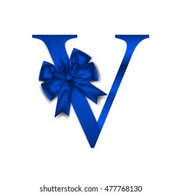 Vector design for alphabet V, Create with Blue gift bow with ribbon. Vector illustration.