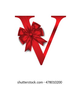 Vector design for alphabet V, Create with Red gift bow with ribbon. Vector illustration.
