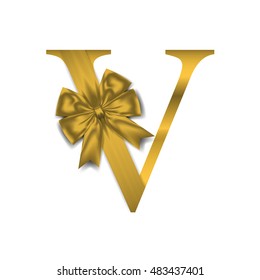 Vector design for alphabet V, Create with Gold gift bow with ribbon. illustration
