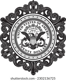 Diseño de vectores moneda de oro de 20 dólares estadounidenses y marco vintage, silueta hecha a mano.