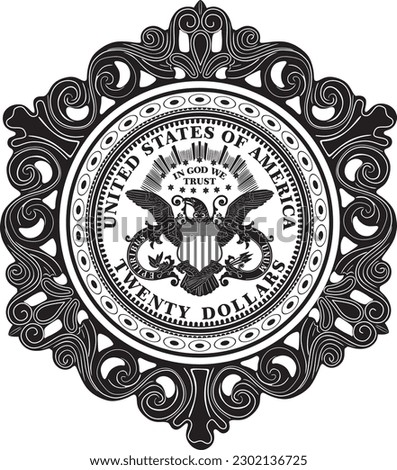 Vector design American 20 dollars gold coin and vintage frame, handmade silhouette.