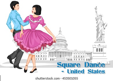 Vector design of American Couple performing Square dance of United States of America