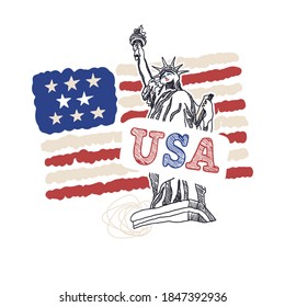 Vector design with American flag and Statue of Liberty. USA T-shirt print, lettering.