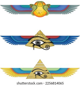 Vector design of ancient egypt winged symbol, winged sun, winged pyramid, eye of horus, ankh cross