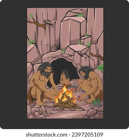 vector design of ancient humans gathering at a campfire