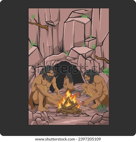 vector design of ancient humans gathering at a campfire