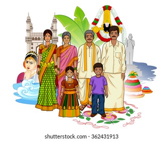 Vector design of Andhrait family showing culture of Andhra Pradesh, India