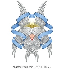 Vector design of Angel with six wings and ribbon, angelic face of the Catholic religion, winged archangel and surrounded with celestial scroll