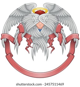 Vector design of Angel with six wings and ribbon, angelic face of the Catholic religion, winged archangel and surrounded with celestial scroll