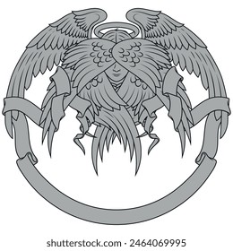 Vector design of Angel with six wings and ribbon, angelic face of the Catholic religion, winged archangel and surrounded with celestial scroll