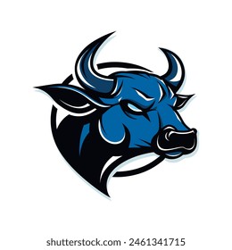 Diseño de Vector de cabeza de vaca azul enojado sobre fondo blanco mirando hacia los lados