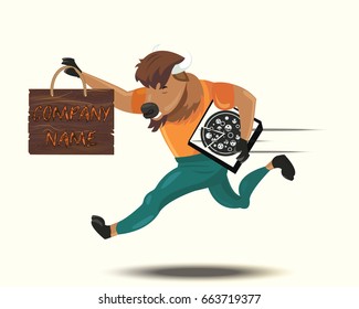 Vector design anthropomorphic rushing buffalo with pizza illustration. Cartoon logo with funny bison courier for menu, restaurant, cafe or pizzeria. Graphic art for pizza delivery