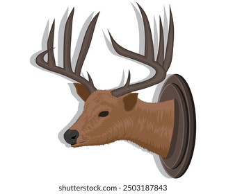 vector design of an antlered deer head that has been preserved and displayed on a dark brown wooden board