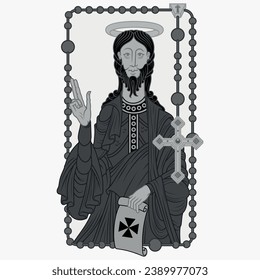 Vector design of Apostle Saint James with old parchment, Apostle Saint James with Christian rosary as a frame