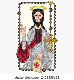 Vector design of Apostle Saint James with old parchment, Apostle Saint James with Christian rosary as a frame