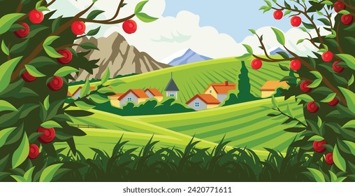 vector design for an apple plantation in a beautiful village with a natural natural atmosphere