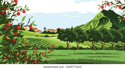 vector design for an apple plantation in a beautiful village with a natural natural atmosphere