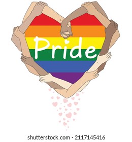 Vector design of arms forming a heart, joined arms creating a heart with the colors of LGBT gay pride