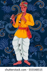 Vector design of artist playing Bansuri (flute) folk music of India on floral background