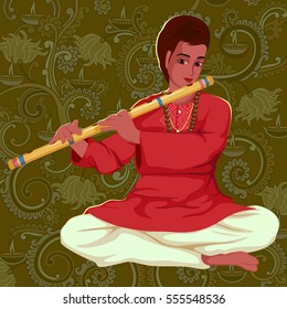 Vector design of artist playing Bansuri (flute) folk music of India on floral background