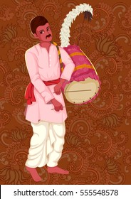 Vector design of artist playing Dhak Dhol folk music of West Bengal India on floral background