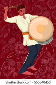 Vector design of artist playing Dhol folk music of India on floral background