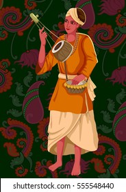 Vector design of artist playing Ektara folk music of India on floral background